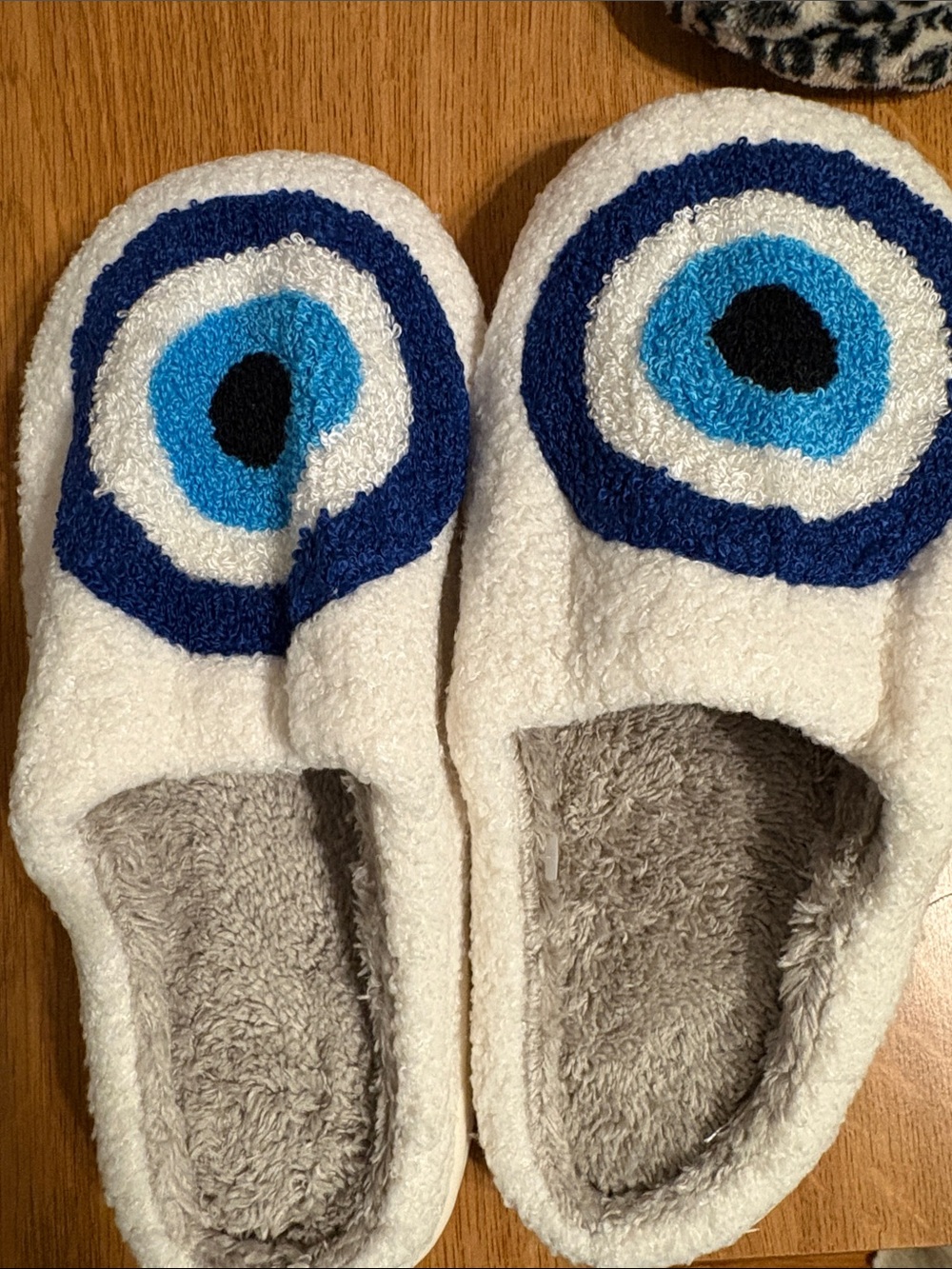 Evil eye Cozy White Fuzzy Slippers with Blue Eye Motif